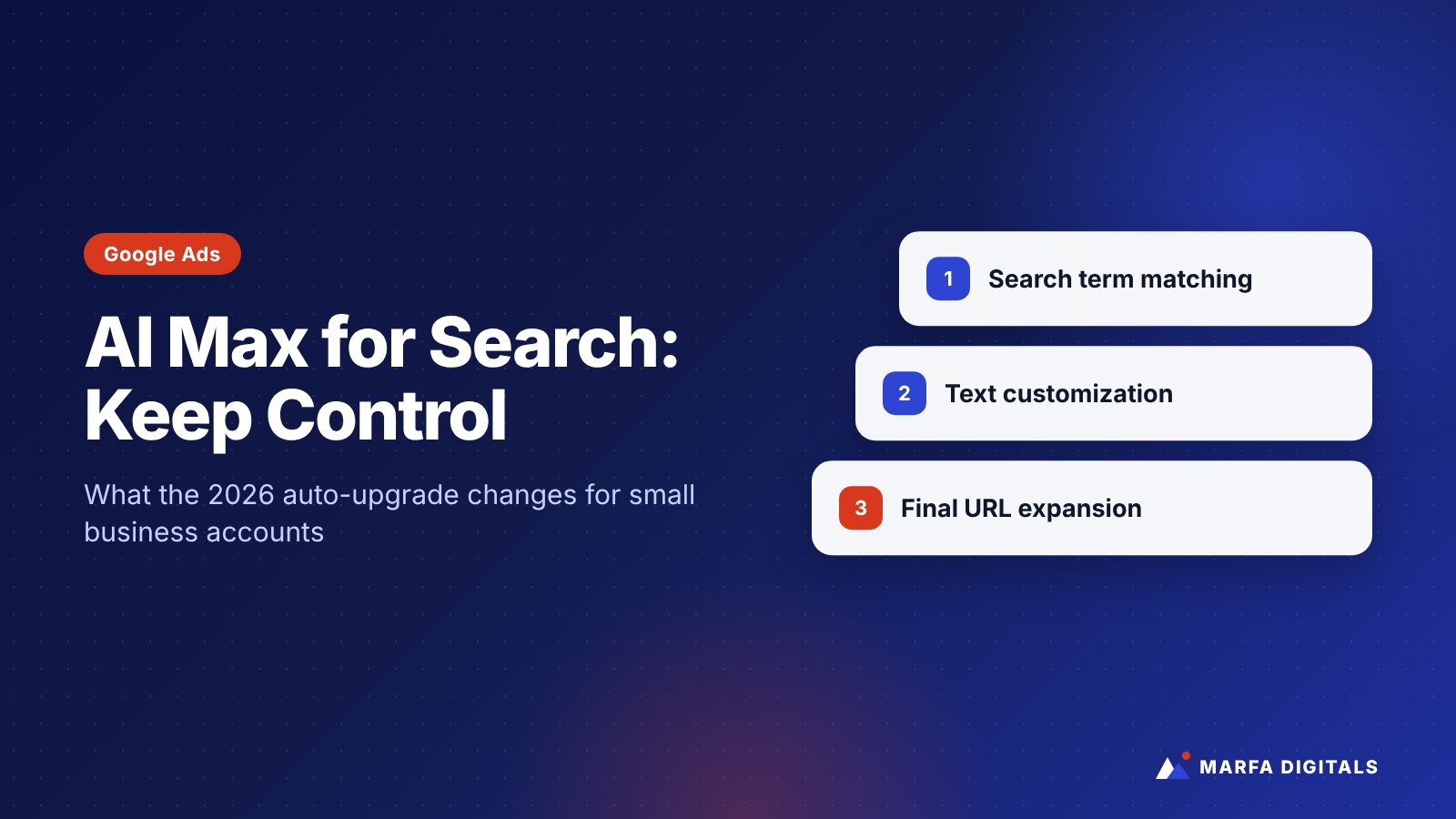 Illustration titled AI Max for Search: Keep Control with cards for its three features