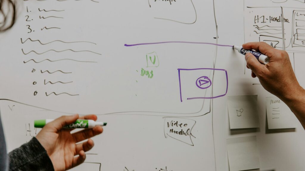 Marketing team mapping out a local SEO checklist on a whiteboard