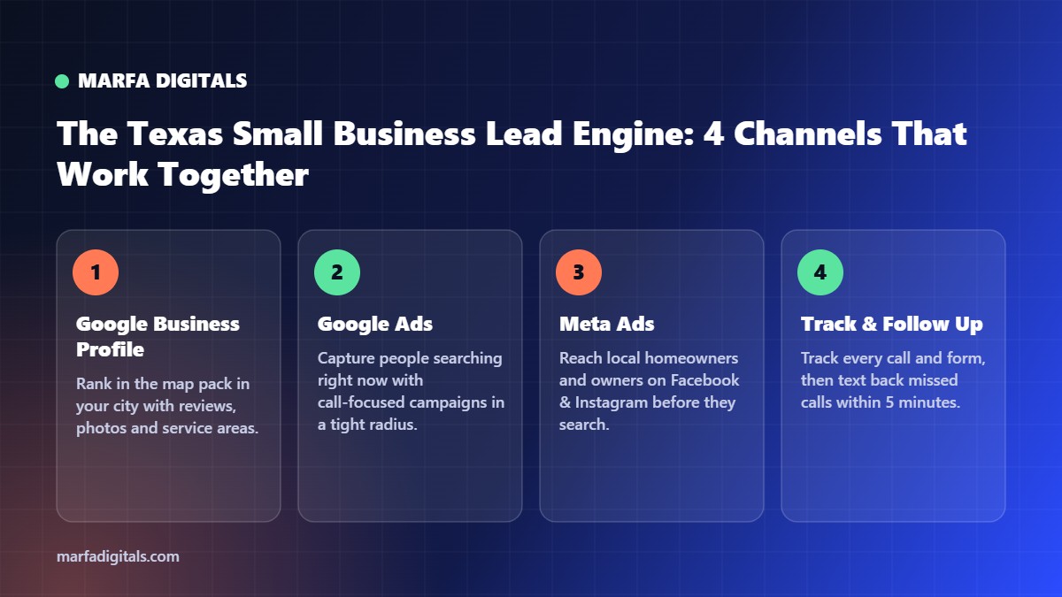 Four-channel lead engine for Texas small businesses: GBP, Google Ads, Meta Ads, tracking
