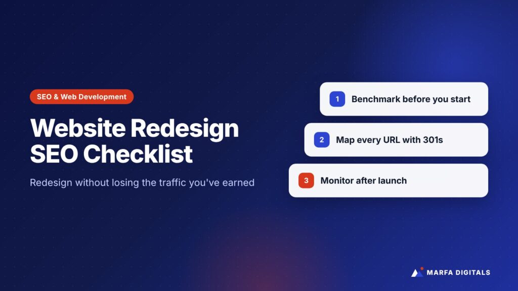 Illustration titled Website Redesign SEO Checklist with cards for benchmarking, redirects and monitoring